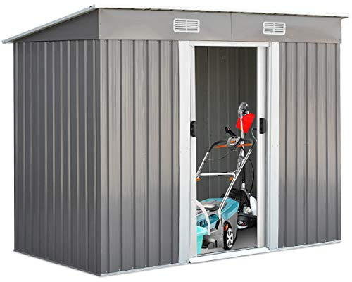 COSTWAY Caseta Jardin Exterior, 3.11 ㎡, 238x131x181 cm, Cobertizo Jardin Exterior Metálico, 2 Puertas correderas, Techo Inclinado, Garden Shed, Antracita