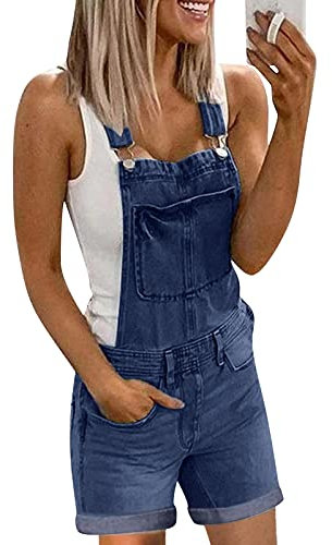 Jeans Latzhosen Für Damen Kurz Sommer Overall Jeanslatzhose Arbeitslatzhose Kurze Jeanshose Cargo Shorts Jeans Trägerhose Damen Mit Bündchensaum-Taschen Dunkelblau L