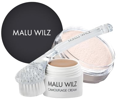 Malu Wilz Make up Set mit Fixing Powder 15g, Reinigungsbürste & Camouflage Creme Nr.04 I Fixierpuder, Gesichtsbürste & Foundation in einem Beauty Set