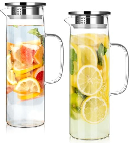 2 Pack Glass Pitcher with Lid, 1.5L Large Capacity Water Pitcher Glass Carafe Water Jugs for Cold Water Iced Tea, Sangria,Cold Brew Coffee