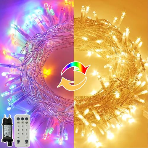 MOLVCE - Guirnalda de luces para exteriores, 20 m, 200 led, color blanco cálido y multicolor con 11 modos, mando a distancia, función de memoria y temporizador, guirnalda de luces de árbol de Navidad