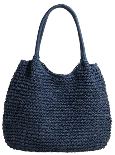 ARVALOLET Borsa a mano da donna in paglia Borsa da spiaggia all'uncinetto di capacità Chiusura con hasp Borsa a tessitura semplice Borsa estiva quotidiana da donna (Blu)