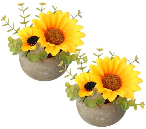 JUSTOYOU künstliche Blume Sonnenblume mit Topf, Kombination von gefälschten Seide Sonnenblumen und Grün, kleine künstliche Pflanze Topf für Schlafzimmer, Party, Hochzeit, Dekorationen(2, Sonnenblume)