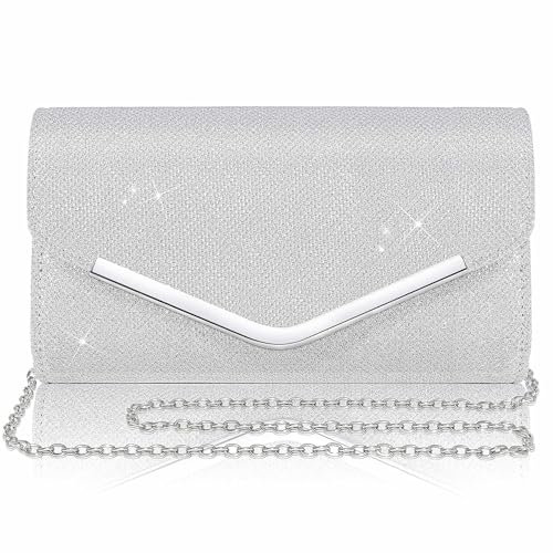 Larcenciel Clutch Silber, Glitzer Tasche Handtasche mit Abnehmbarer Kette, Elegant Abendhandtasche für Damen, Pailletten Taschen Crossbody Envelope Umhängetasche für Hochzeit Party Bankett Feiertage