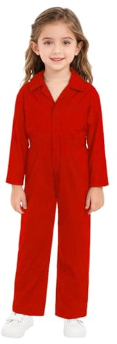 Sywiyi Arbeitsoverall Kinder Jungen Mädchen Baumwolle Overall Jumpsuit Schutzanzug Arbeitskombi mit Zipper Revers Blaumann Outfit Rot 170-176