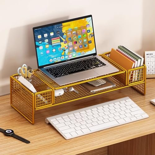 ZYFAB Metallgitter Monitorständer,2-Tier Bildschirmständer mit Speicher Multi Media Notebookständer Monitorerhöhung für PC Laptop Printe,Gold