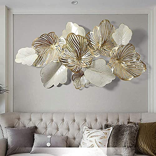 Home Decor Metall Wandkunst Wandbilder Blätter Moderne Große Wandskulpturen Gold Blume Blühende Handgemachte 3D Wandbehang Kunstwerk Dekoration für Wohnzimmer Schlafzimmer Weiß 136x76cm