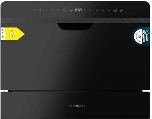 Cecotec Lave-vaisselle Compact Semi-Intégrable 6 couverts Bolero Aguazero 2500 S-BI Black Glass. 1380W, Finition verre noir, Basse consommation, 5 programmes, Panneau tactile, Départ différé