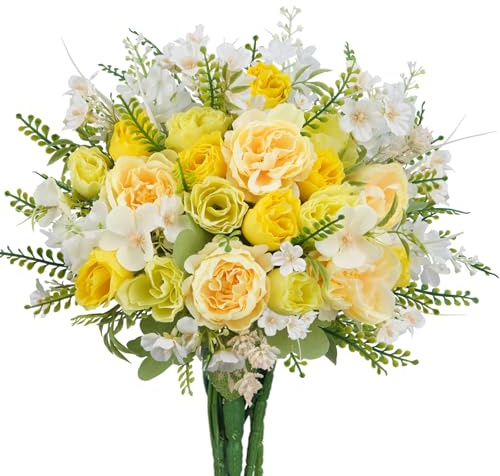 Zythrem Artificial Roses Peonies Yellow Artificial Flowers Fake Peonies Mix Peony Rose Daisy Hyacinth Bouquet Faux Daisy Flowers Spring Silk Flower Bouquet for Wedding Table Home Decor Grave Flower