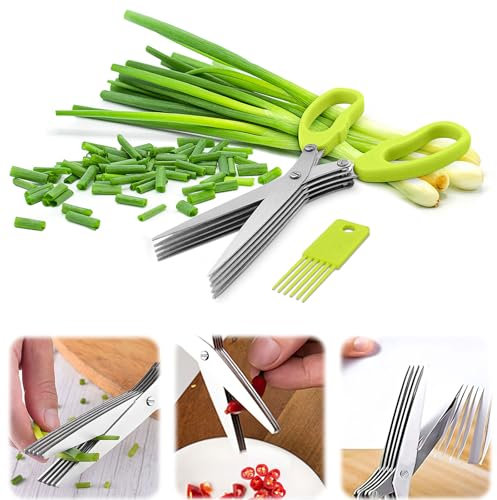 Ciseaux à herbes - Gadgets de cuisine pour couper les herbes fraîches du jardin, ciseaux à herbes avec 5 lames, en acier inoxydable tranchant et antirouille, passe au lave-vaisselle (vert)