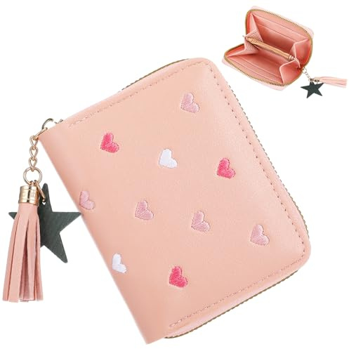 JIEYAO Cute Girls Zipper Wallet, Slim Small Kids Purse Tassels Leather Coins Pocket Purse with Embroidery Hearts for Girls Kid Childrens Teenagers Women Gift(Pink)