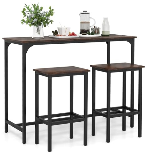 COSTWAY Bar Table Set with 2 Stools, 3 Pieces Breakfast Bar Set with Footrest, Counter Height Dining Table and Chairs for Home Kitchen Pub Cafe (Coffee+Black)