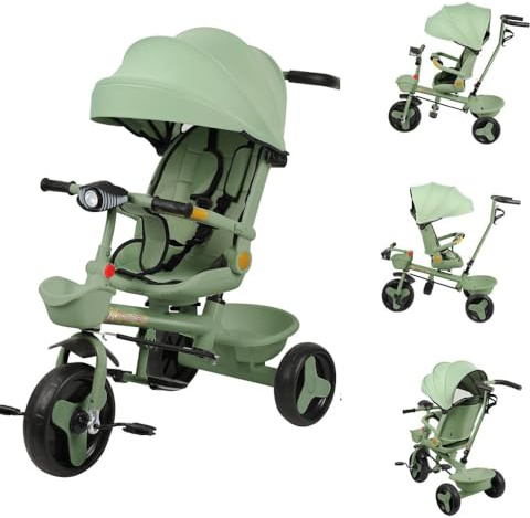 OHMG 5 in 1 - Triciclo per bambini, evolutivo, con manico a spinta, tenda rimovibile, cintura di sicurezza a 5 punti, deposito poggiapiedi, freno, per bambini da 1 a 5 anni