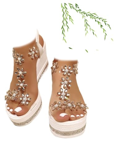 POIOZXD Sandali da donna chic eleganti con zeppa, con strass, cinturino elastico alla caviglia, punta aperta, plateau, comodi sandali da passeggio da donna, Bianco A, 43 EU