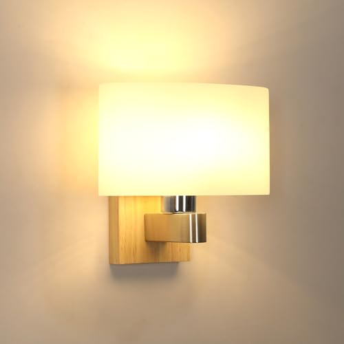 Pheashine Holz Wandleuchte Innen mit Glas Lampenschirm, E27 | Moderne Wandbeleuchtung Holz für Wohnzimmer, Schlafzimmer, Arbeitszimmer und Treppenbeleuchtung