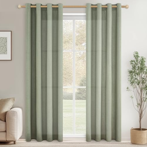 CUTEWIND Wohnzimmer Vorhänge mit Ösen und Gardinen Leinen Halbtransparent Salbeigrün Ösenschal 2er Set H 200 x B 140 cm Leinenvorhänge Vorhang Leinenoptik Schlafzimmer