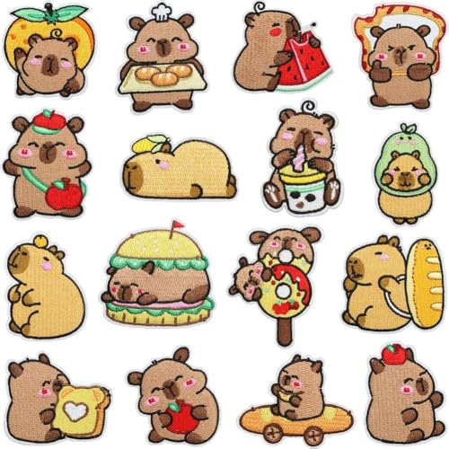 HiyyFloy Capybara-aufbügler, 16 Stück, Bestickte Tier-Applikationen, Flicken, Reparatur Für Kleidung, Lustiger, Süßer Aufnäher Zum Aufkleben Für Kleidung, Hüte, Jacken, DIY-zubehör