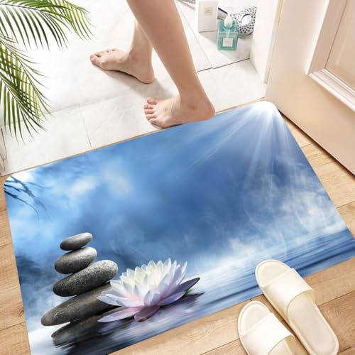 HKPOEQ Alfombra de Baño Antideslizante, Alfombrilla súper Absorbente | para el baño, la Ducha la bañera,Piedras apiladas, nenúfares y un cielo soleado, lleno de guijarros y agua blanca, liri,60x100 cm