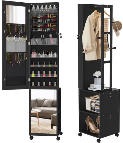 FIVMEN Schmuckschrank mit Spiegel Spiegelschrank Schminkschrank mit Rollen und 6 LEDs Abschließbar Schmuckaufbewahrung Make-Up Organizer 3 in 1 mit Ganzkörperspiegel Standspiegel, Schwarz
