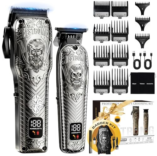 BESTBOMG - Tagliacapelli professionale senza fili per uomo, set e kit da barba, tagliacapelli in metallo con kit di toelettatura e lunga durata della batteria per uso familiare da barbiere (grigio)