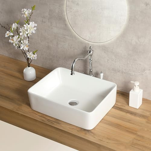 FARMMLIFXE White Rectangle Bathroom Vessel Sink，19'' X 15'' Ceramic Above Counter Vessel Sinks，Modern Sink Bowls for Bathroom Countertop, Porcelain Ceramic Vessel Vanity Sink(LA-3324)