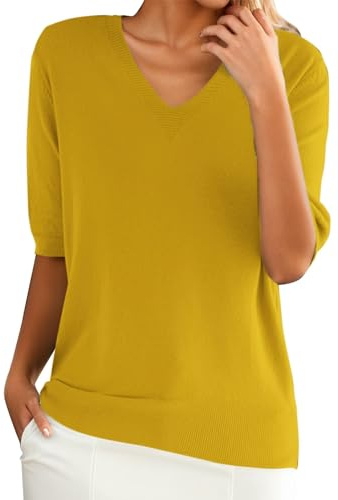 Generisch Strickpullover Damen Casual Kurzarm V-Ausschnitt Stricken T-Shirt Elegant Summer Einfarbig DüNne Feinstrick Pullover Leichte Locker Kurzarmpullover Weich Strickpulli Sweater Tops(B Gelb,L)