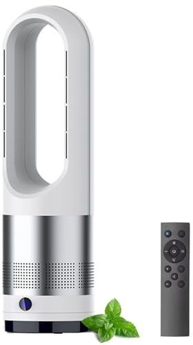 Ventilador de torre caliente y frío con control remoto, ventilador sin aspas de 18 pulgadas oscilante 80°, 8 velocidades, temporizador de 8 horas, pantalla LED, ventilador de circulación de aire
