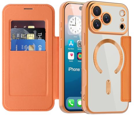 IMEIKONST Flip-plånboksfodral för iPhone 17 Pro Max med kortplatser [RFID-blockering], kompatibel med MagSafe, pläterad TPU magnetisk transparent baksida stöttåligt fodral för iPhone 17 Pro Max