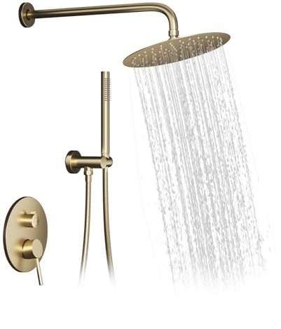 Système de douche encastré avec douchette à main, mitigeur de douche encastré avec pommeau rond réglable à 360 °, kit de douche à effet pluie, montage mural, corps en laiton, tuyau en acier inoxydable