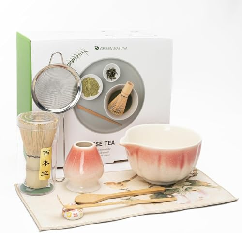 Matcha-set – 8 stycken Matcha-kvast teset, matcha-skål med pip, bambu matcha-whisk, spade, sil, matcha kvasthållare, matcha startset tillbehör med tehandduk (8, vit-rosa)