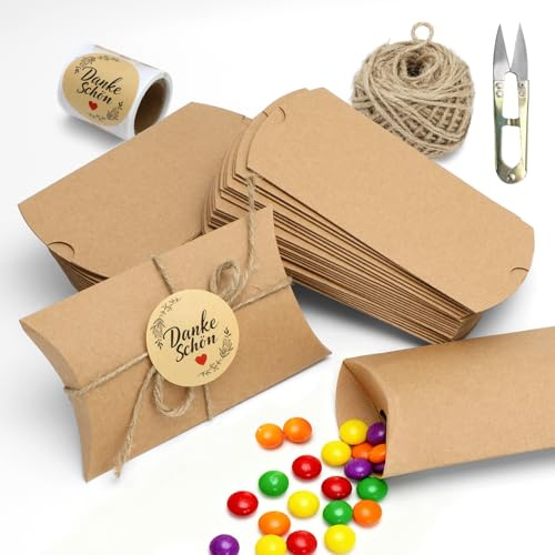 IIRC Confezione da 50 scatole per cuscini trasparenti in carta kraft con corda di iuta, nastro biadesivo, forbici, grazie, adesivi, per Natale, compleanno, matrimonio