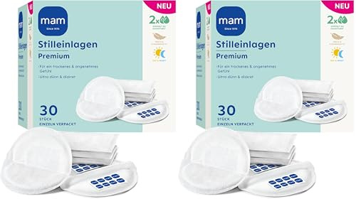 MAM Premium Stilleinlagen | Extra saugstarke & ultra dünne Muttermilch absorbierende Stillpads | Optimaler Halt | Für alle Brustgrößen geeignet | 30 Stück (Packung mit 2)