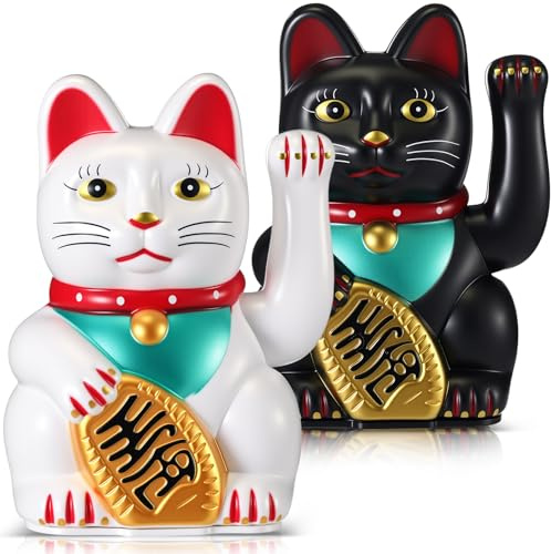 Wovnet 2 Pcs 5 Inch Lucky Cat Waving Arm Chinese Maneki Neko Lucky Good Fortune Cat Fengshui Welcoming Decoration for Home Decor Battery Not Included (Black, White)