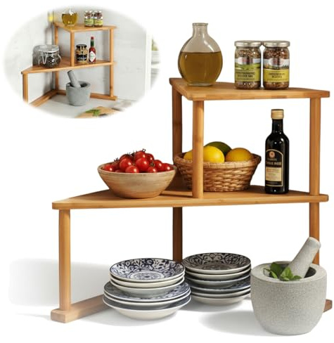 LS-LebenStil Küchenregal Eckregal Holz 39x52cm FSC - für Küche & Bad | Stehendes Aufbewahrungsregal | Gewürzregal über Eck | Dekoregal als Organizer für Arbeitsplatte | Modern & Platzsparend