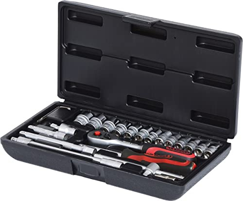 KS Tools 911.0625 1/4 Zoll Steckschlüssel-Satz | inklusive Umschaltknarre, 45-Zahn | matt satiniert | 25-tlg.