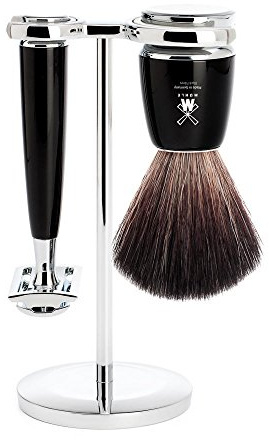 MÜHLE Rasierset - Rytmo Serie - Black Fibre - Rasierhobel - Edelharz schwarz | Nassrasur-Set, Sicherheitsrasierer geschlossener Kamm, Rasierpinsel Black Fibre vegan, Halterung für Bart, Gesicht und Körper