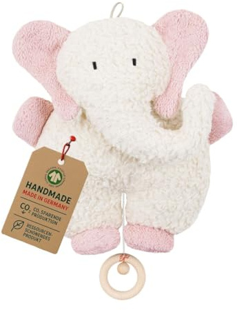 Efie Bio - Spieluhr Elefant rosa - kontrolliert biologischer Anbau (organic) - Made in Germany - GOTS zertifiziert – nachhaltig - Melodie (Sandmann, lieber Sandmann)