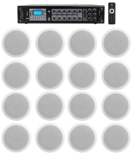 Rockville CCL6T Bundle: (16) 70V 6-in Commercial Ceiling Speakers, White, RCS180-6 180 Watt 6 Zone 70V Bluetooth Commercial Amplifier for Restaurant/Office, 17-Items