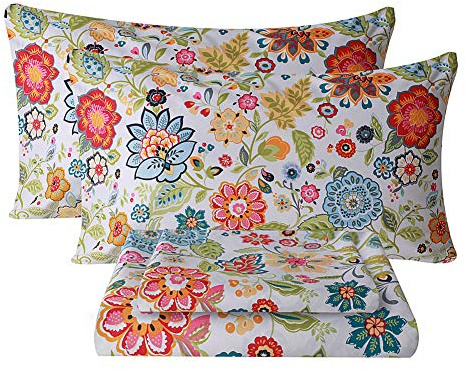 Bedlifes Queen Sheet Set Ultra Soft Breathable Silky Flower Bed Sheets Deep Pocket 100% Microfiber Bedding Sheets 4 Piece Queen Size Floral Spring