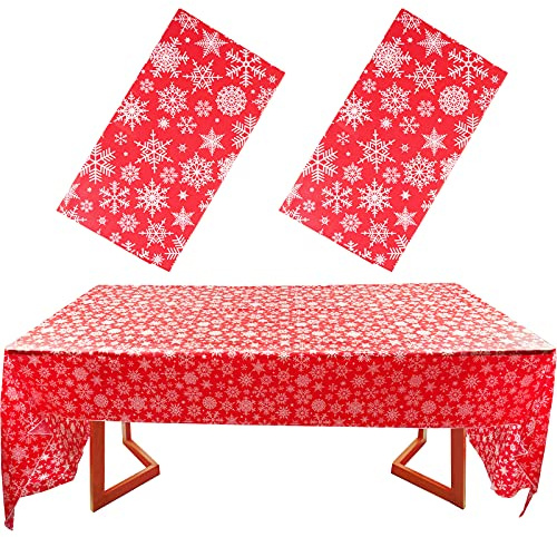 2 Stück Party Tischdecken Weihnachten Rot 54 x 108 Zoll (137 x 274cm) Rechteckig Wasserabweisend Schneeflocken Tischtuch Abwischbare Kunststoff Tischdecke für Party Weihnachten Geburtstag usw.