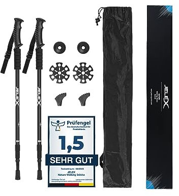 JELEX Nature Teleskop Walking Stöcke für Nordic Walking verstellbar, inkl. diverser Aufsätze für Outdoor Aktivitäten, ultraleichte Wanderstöcke mit Antishock-Technologie (Schwarz)