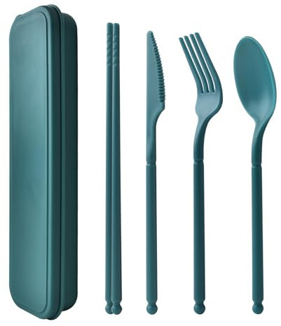 Travel Cutlery Set with Case, Forks Knives and Spoons Set, Plastic Cutlery Set Reusable for 1, Lunch Box Travel Picnic Office School (Green)