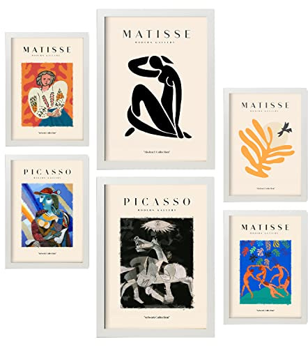 Nacnic Set mit 6 Postern von Picasso und Matisse. Abstrakte Gemälde. Drucke des Fauvismus und Surrealismus für Innenarchitektur und Dekoration. A3 & A4 weiße Rahmen.