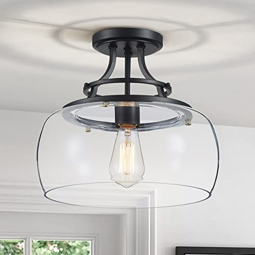 WUZUPS Lustre Rustique Ferme Industrielle Ronde Semi-encastrée Plafond LED luminaire avec Stores en Verre Clair pour Salle de Bain Hall d’entrée de Cuisine, h 30 x w 34, Base e27, Noir