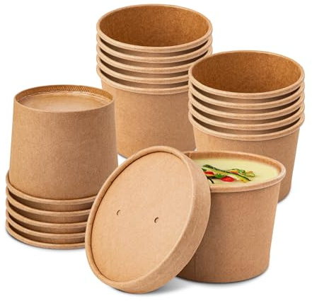 PakTalk 50 Pack Soup Containers with Lids, Disposable and Biodegradable Ice Cream Cups Kraft 12oz Paper Soup Bowls with Lids for Hot Drinking, Food, and Ice Cream (50 sets, 12 oz)