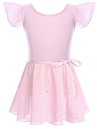 Gymnastik Trikots für Mädchen Ballettkleidung Kinder Ballett Tanz Kleid Bodysuit mit Chiffon Wrap Rock Baumwolle Criss-Cross U-Rücken Tütü Tanzoutfit Rhythmische Sportgymnastik Anzug Rosa 3-4 Jahre