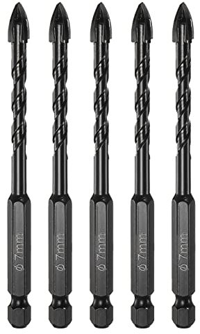 sourcing map 5 brocas de mampostería, broca de hormigón de 7 mm, vástago hexagonal de 1/4 pulgadas, punta de carburo para ladrillo, vidrio, plástico, azulejos de cerámica, espejo de pared, color negro