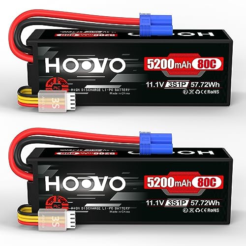 HOOVO 11,1V Lipo Batterie 3S 5200mAh 80C Boîtier Rigide Batterie RC Batteries avec Connecteur EC5 pour RC Échelle Hélicoptère Véhicules Voiture Camion Bateau Hobby (Lot de 2)
