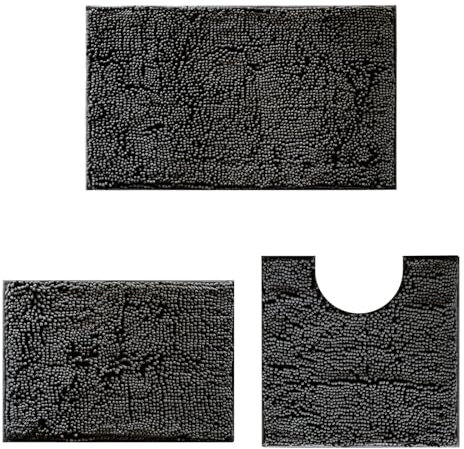 DTXDTech Bathroom Mat, Non Slip Bathroom Mat Sets 3 Piece, Chenille 20 * 32inch, 16 * 24inch Bath Rug and 20 * 20inch U Shape Toilet Rug, Soft and Absorbent(Dark Grey)