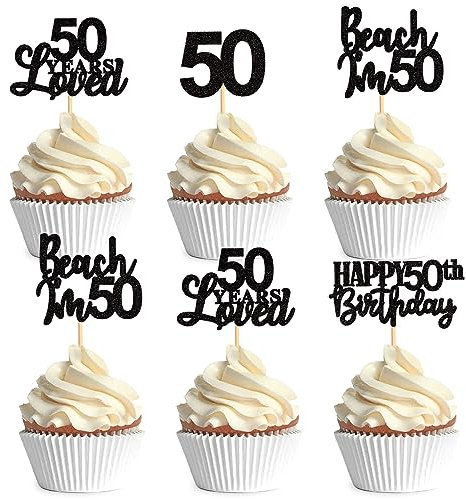 Blumomon 24 Pack Happy 50th Birthday Cupcake Toppers Black Glitter 50 Years Loved Cupcake Picks For 50th Birthday Anniversary Party Cake Decorations